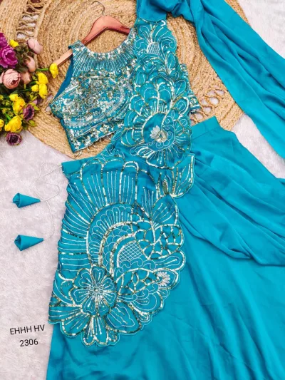 Bebo Blue Leafy Drape Pre-draped Indo-Western Rangoli Silk Lehenga Set